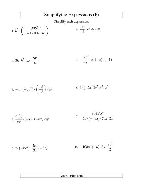 The Simplifying Algebraic Expressions with Two Variables and Five Terms (Multiplication and Division) (F) Math Worksheet