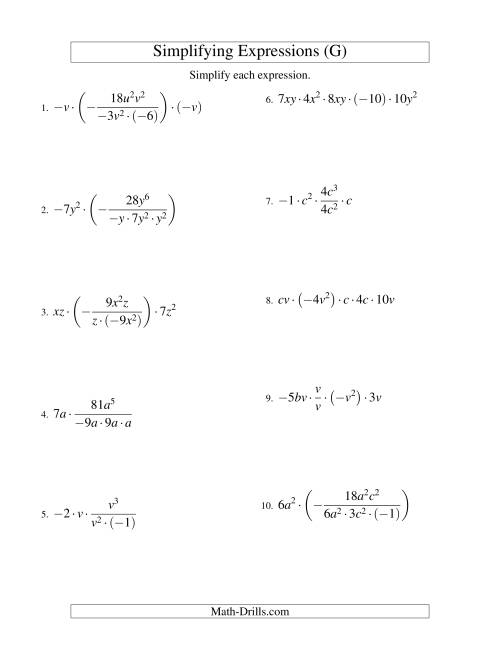 The Simplifying Algebraic Expressions with Two Variables and Five Terms (Multiplication and Division) (G) Math Worksheet
