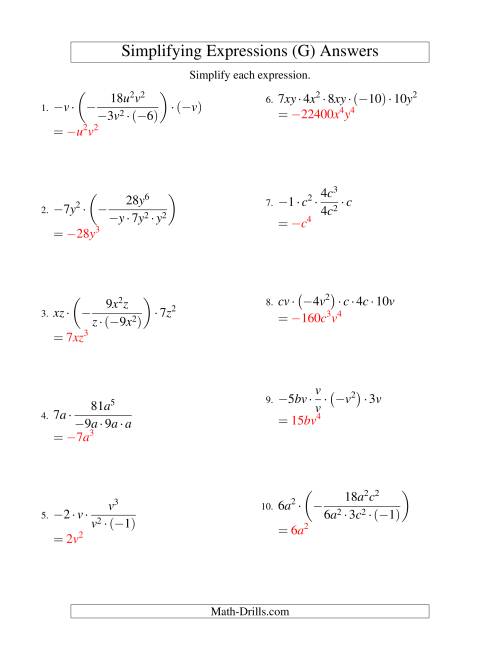 The Simplifying Algebraic Expressions with Two Variables and Five Terms (Multiplication and Division) (G) Math Worksheet Page 2
