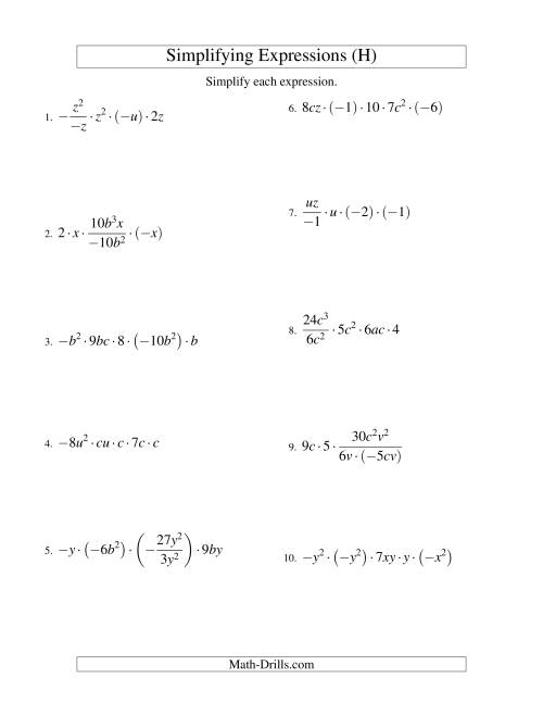 The Simplifying Algebraic Expressions with Two Variables and Five Terms (Multiplication and Division) (H) Math Worksheet