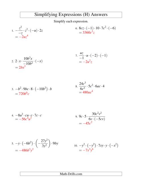 The Simplifying Algebraic Expressions with Two Variables and Five Terms (Multiplication and Division) (H) Math Worksheet Page 2