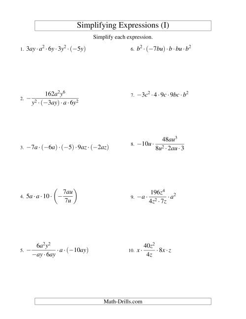 The Simplifying Algebraic Expressions with Two Variables and Five Terms (Multiplication and Division) (I) Math Worksheet