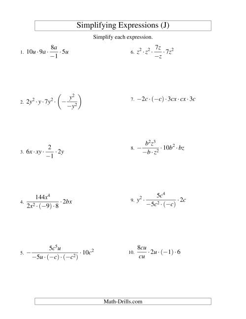 The Simplifying Algebraic Expressions with Two Variables and Five Terms (Multiplication and Division) (J) Math Worksheet