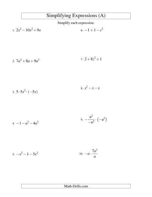 The Simplifying Algebraic Expressions with One Variable and Three Terms (All Operations) (A) Math Worksheet