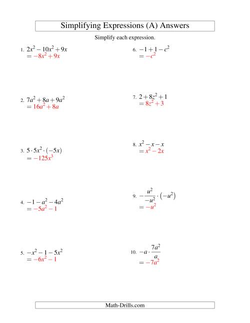The Simplifying Algebraic Expressions with One Variable and Three Terms (All Operations) (A) Math Worksheet Page 2