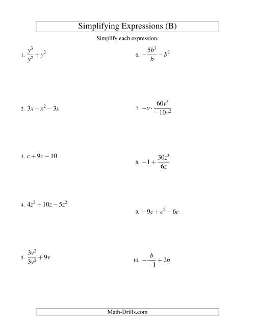 The Simplifying Algebraic Expressions with One Variable and Three Terms (All Operations) (B) Math Worksheet