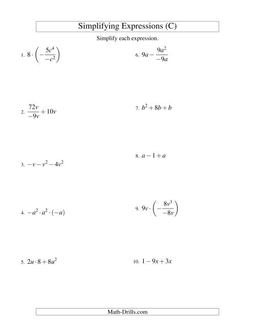The Simplifying Algebraic Expressions with One Variable and Three Terms (All Operations) (C) Math Worksheet
