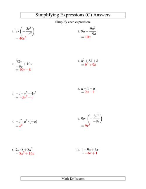 The Simplifying Algebraic Expressions with One Variable and Three Terms (All Operations) (C) Math Worksheet Page 2