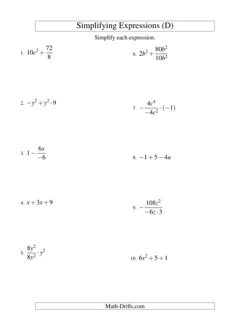The Simplifying Algebraic Expressions with One Variable and Three Terms (All Operations) (D) Math Worksheet