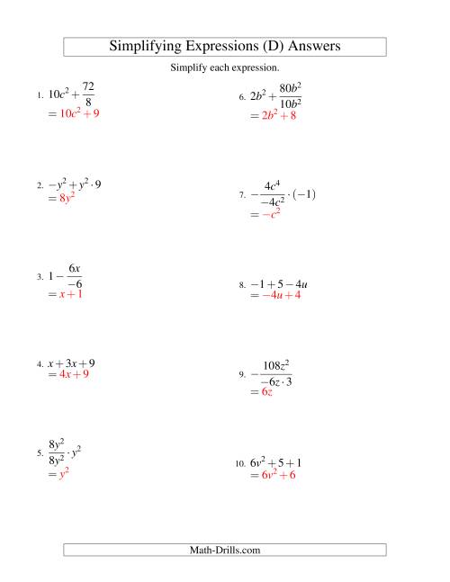 The Simplifying Algebraic Expressions with One Variable and Three Terms (All Operations) (D) Math Worksheet Page 2