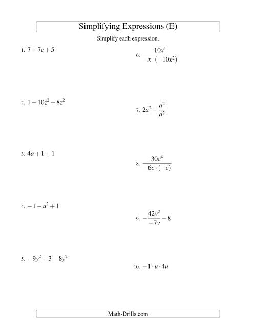 The Simplifying Algebraic Expressions with One Variable and Three Terms (All Operations) (E) Math Worksheet