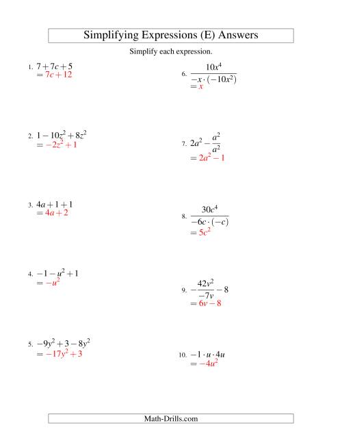 The Simplifying Algebraic Expressions with One Variable and Three Terms (All Operations) (E) Math Worksheet Page 2