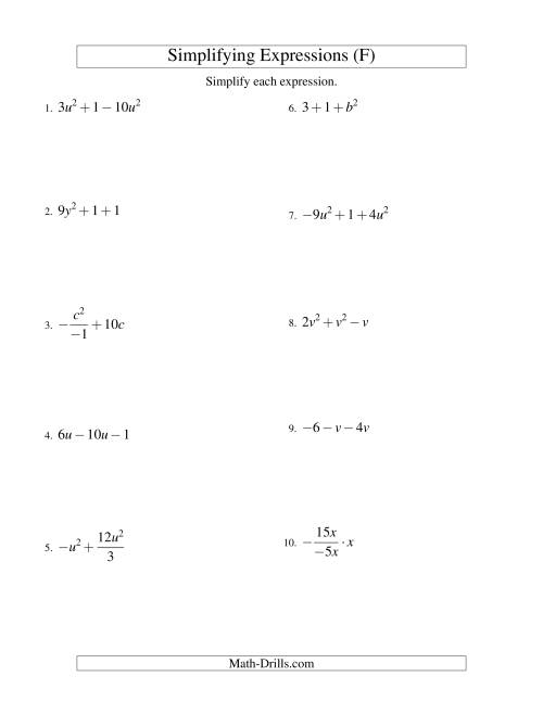 The Simplifying Algebraic Expressions with One Variable and Three Terms (All Operations) (F) Math Worksheet