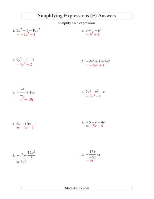 The Simplifying Algebraic Expressions with One Variable and Three Terms (All Operations) (F) Math Worksheet Page 2