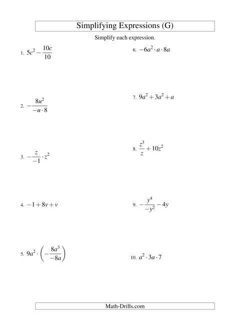 The Simplifying Algebraic Expressions with One Variable and Three Terms (All Operations) (G) Math Worksheet