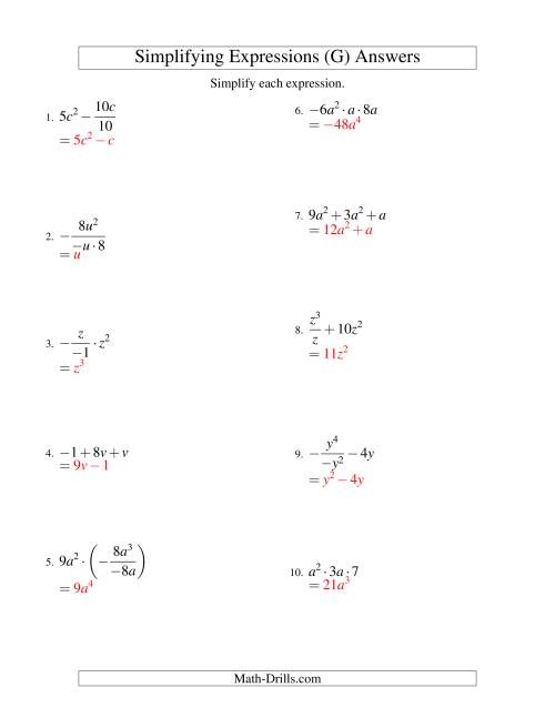 The Simplifying Algebraic Expressions with One Variable and Three Terms (All Operations) (G) Math Worksheet Page 2
