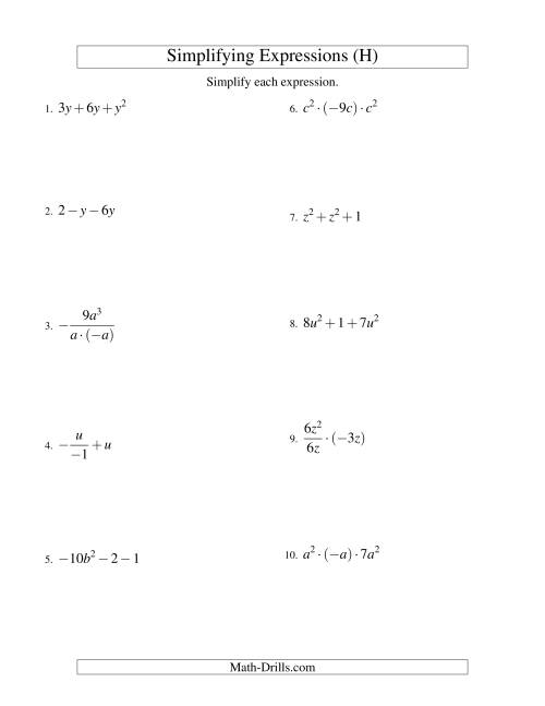 The Simplifying Algebraic Expressions with One Variable and Three Terms (All Operations) (H) Math Worksheet