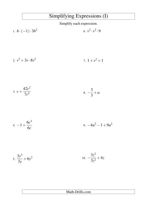 The Simplifying Algebraic Expressions with One Variable and Three Terms (All Operations) (I) Math Worksheet
