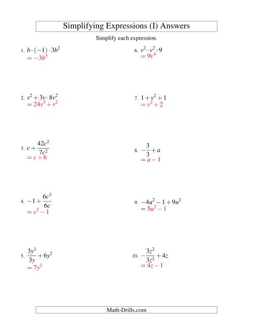 The Simplifying Algebraic Expressions with One Variable and Three Terms (All Operations) (I) Math Worksheet Page 2