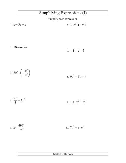 The Simplifying Algebraic Expressions with One Variable and Three Terms (All Operations) (J) Math Worksheet