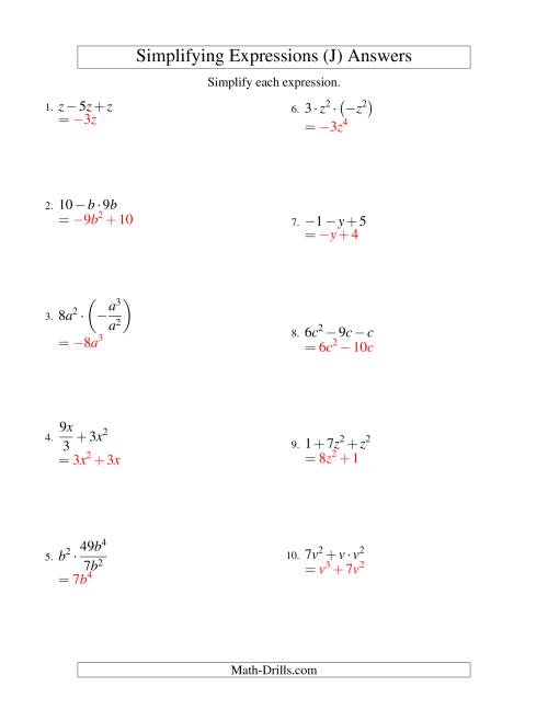 The Simplifying Algebraic Expressions with One Variable and Three Terms (All Operations) (J) Math Worksheet Page 2