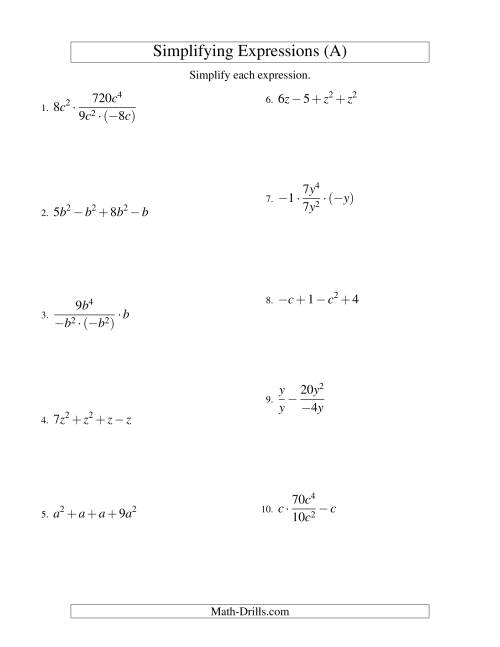 The Simplifying Algebraic Expressions with One Variable and Four Terms (All Operations) (A) Math Worksheet
