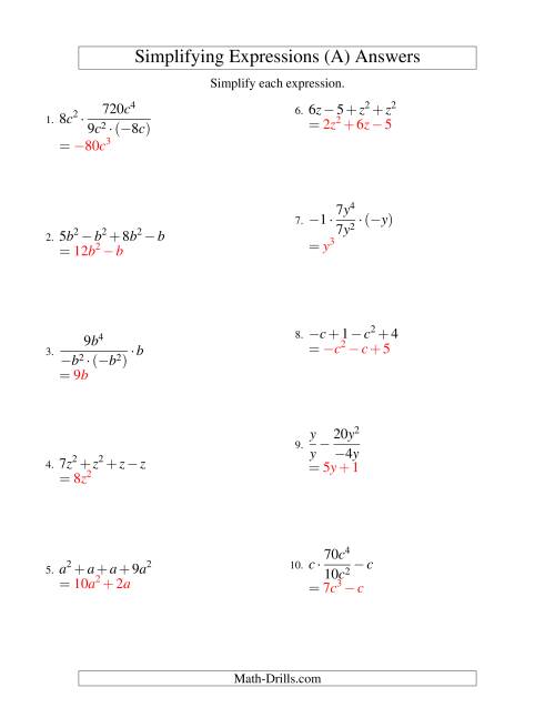 The Simplifying Algebraic Expressions with One Variable and Four Terms (All Operations) (A) Math Worksheet Page 2