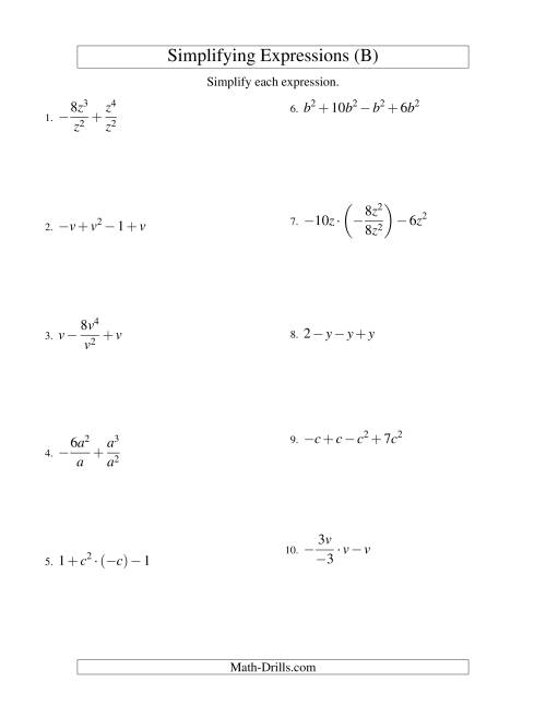 The Simplifying Algebraic Expressions with One Variable and Four Terms (All Operations) (B) Math Worksheet