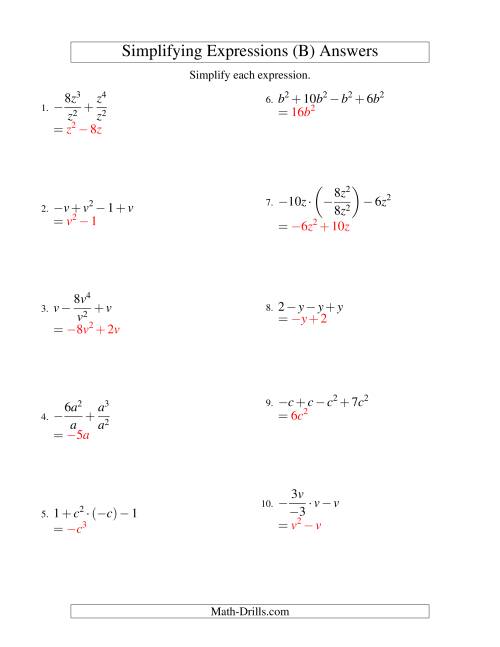 The Simplifying Algebraic Expressions with One Variable and Four Terms (All Operations) (B) Math Worksheet Page 2