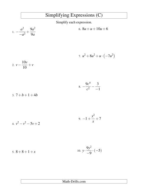 The Simplifying Algebraic Expressions with One Variable and Four Terms (All Operations) (C) Math Worksheet