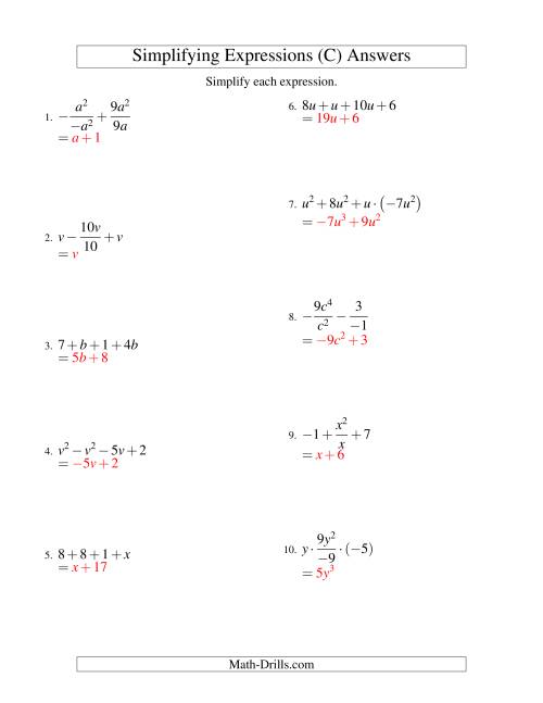 The Simplifying Algebraic Expressions with One Variable and Four Terms (All Operations) (C) Math Worksheet Page 2