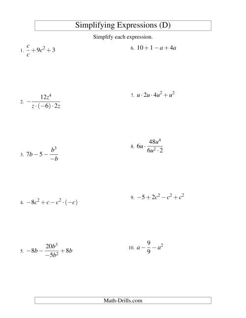 The Simplifying Algebraic Expressions with One Variable and Four Terms (All Operations) (D) Math Worksheet