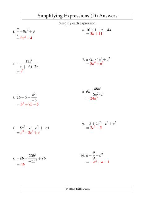 The Simplifying Algebraic Expressions with One Variable and Four Terms (All Operations) (D) Math Worksheet Page 2
