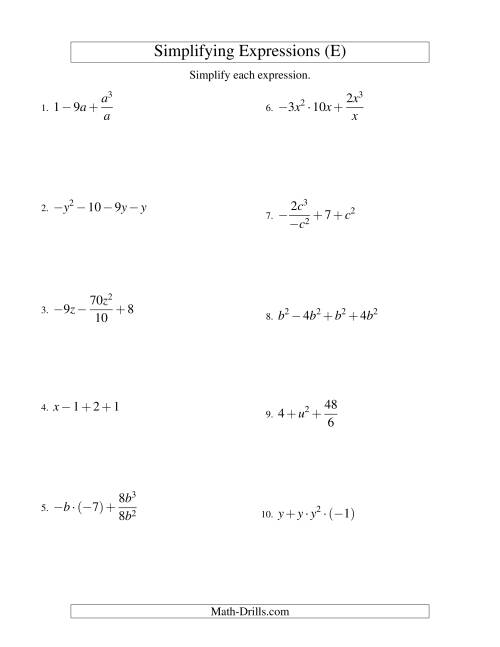 The Simplifying Algebraic Expressions with One Variable and Four Terms (All Operations) (E) Math Worksheet