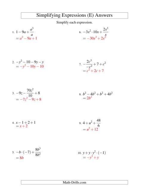 The Simplifying Algebraic Expressions with One Variable and Four Terms (All Operations) (E) Math Worksheet Page 2