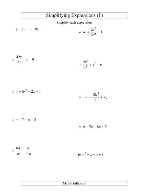 The Simplifying Algebraic Expressions with One Variable and Four Terms (All Operations) (F) Math Worksheet