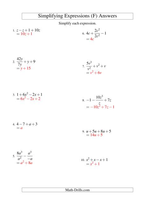 The Simplifying Algebraic Expressions with One Variable and Four Terms (All Operations) (F) Math Worksheet Page 2