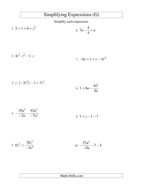 The Simplifying Algebraic Expressions with One Variable and Four Terms (All Operations) (G) Math Worksheet