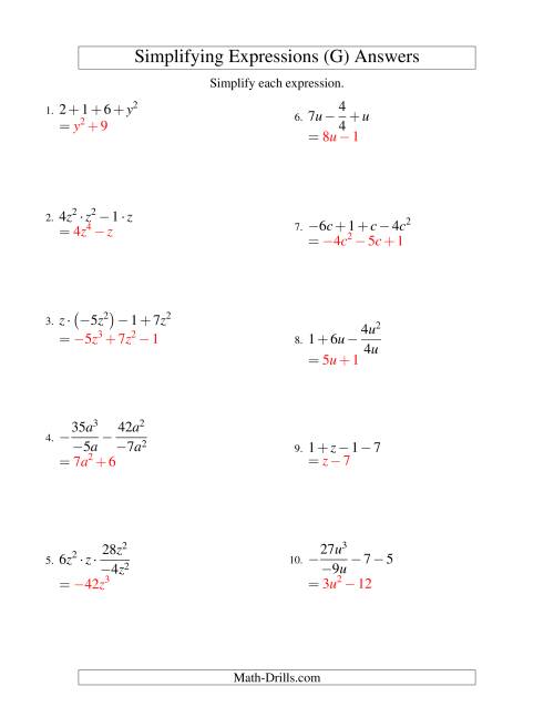 The Simplifying Algebraic Expressions with One Variable and Four Terms (All Operations) (G) Math Worksheet Page 2