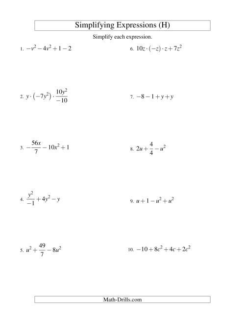 The Simplifying Algebraic Expressions with One Variable and Four Terms (All Operations) (H) Math Worksheet