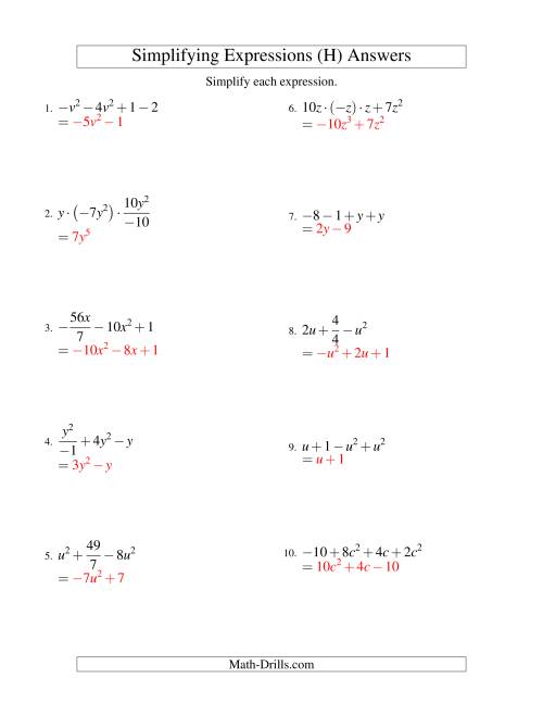 The Simplifying Algebraic Expressions with One Variable and Four Terms (All Operations) (H) Math Worksheet Page 2
