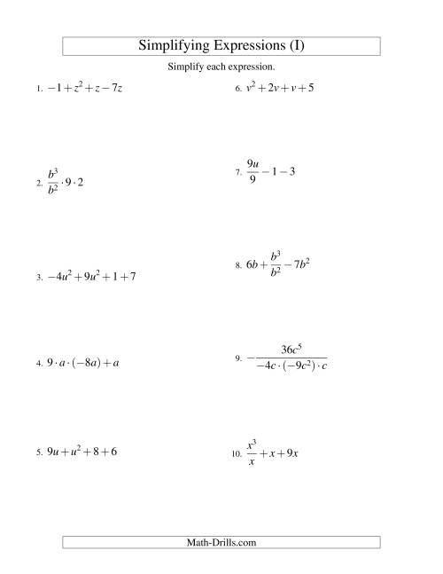 The Simplifying Algebraic Expressions with One Variable and Four Terms (All Operations) (I) Math Worksheet