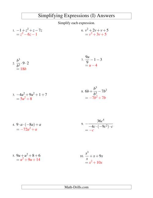 The Simplifying Algebraic Expressions with One Variable and Four Terms (All Operations) (I) Math Worksheet Page 2