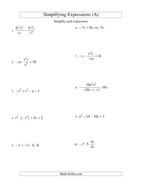 The Simplifying Algebraic Expressions with Two Variables and Four Terms (All Operations) (A) Math Worksheet