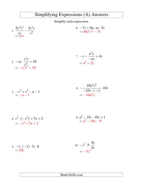 The Simplifying Algebraic Expressions with Two Variables and Four Terms (All Operations) (A) Math Worksheet Page 2