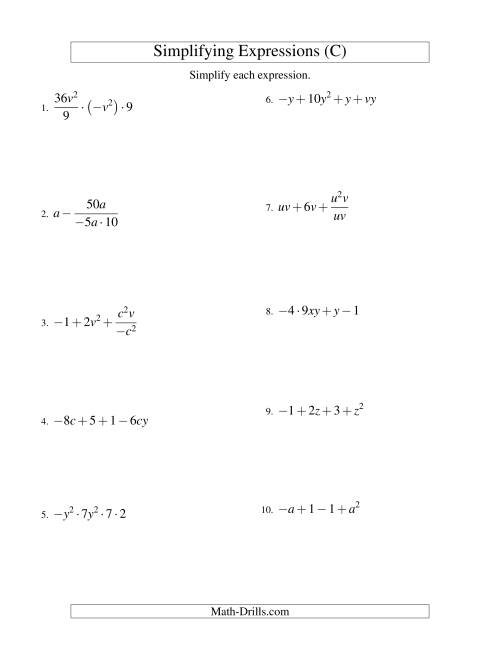 The Simplifying Algebraic Expressions with Two Variables and Four Terms (All Operations) (C) Math Worksheet