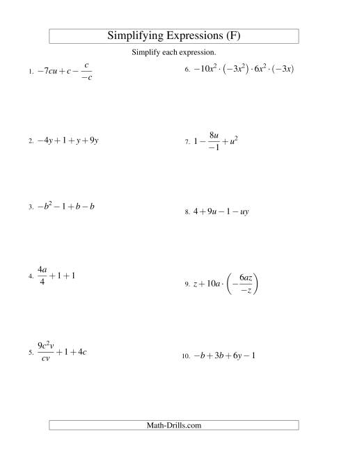 The Simplifying Algebraic Expressions with Two Variables and Four Terms (All Operations) (F) Math Worksheet