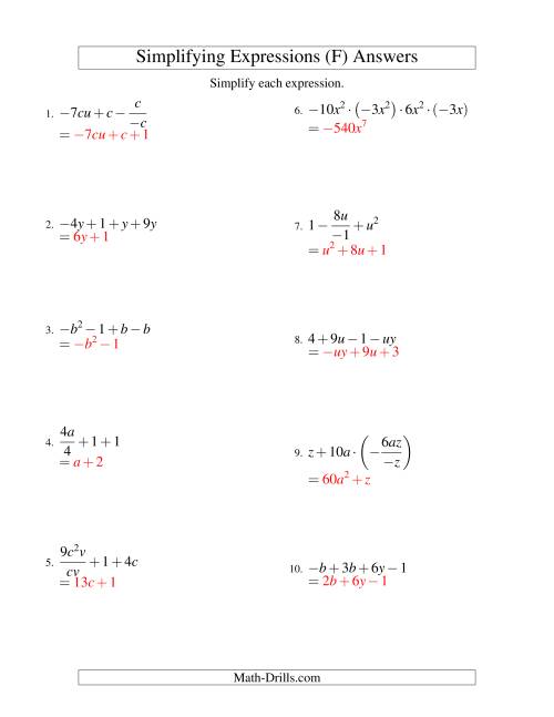 The Simplifying Algebraic Expressions with Two Variables and Four Terms (All Operations) (F) Math Worksheet Page 2