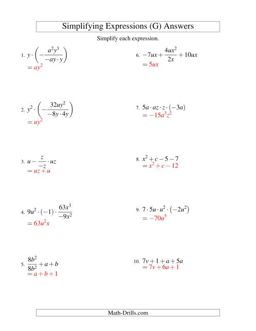 The Simplifying Algebraic Expressions with Two Variables and Four Terms (All Operations) (G) Math Worksheet Page 2