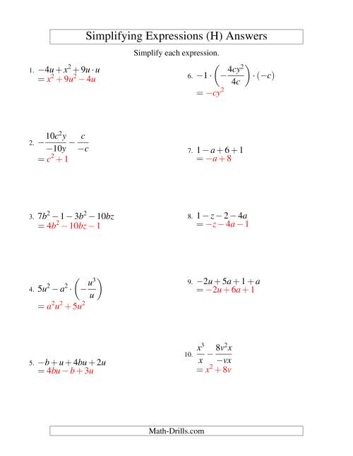 The Simplifying Algebraic Expressions with Two Variables and Four Terms (All Operations) (H) Math Worksheet Page 2